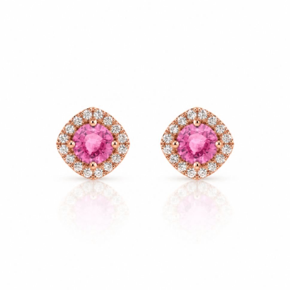 14K Rose Gold Pink Sapphire & Diamond Halo Earrings