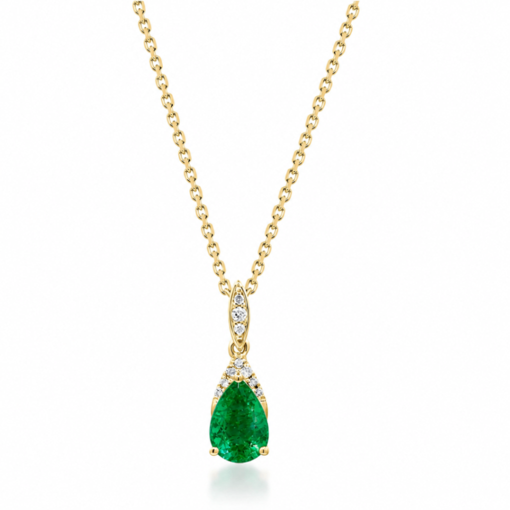 10K Yellow Gold Pear Shaped Emerald and Diamond Pendant