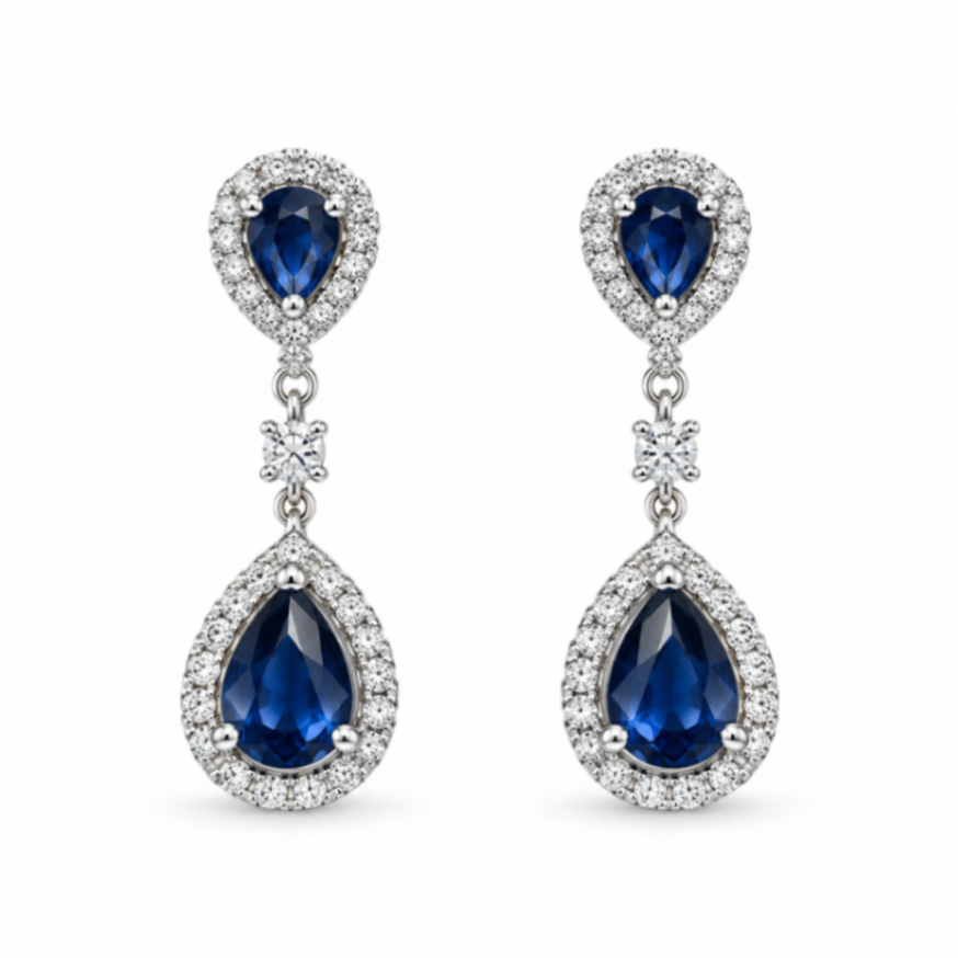 14K White Gold Sapphire & Diamond Double Halo Drop Earrings