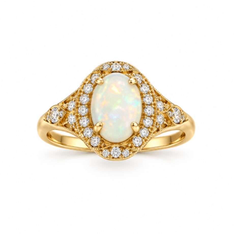 10K Yellow Gold Ethiopian Opal Ring with Diamonds