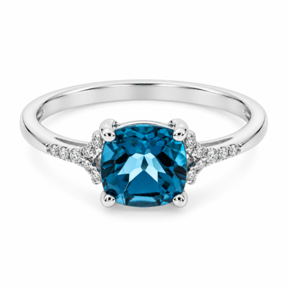 10K White Gold London Blue Topaz Ring with Diamond Accents