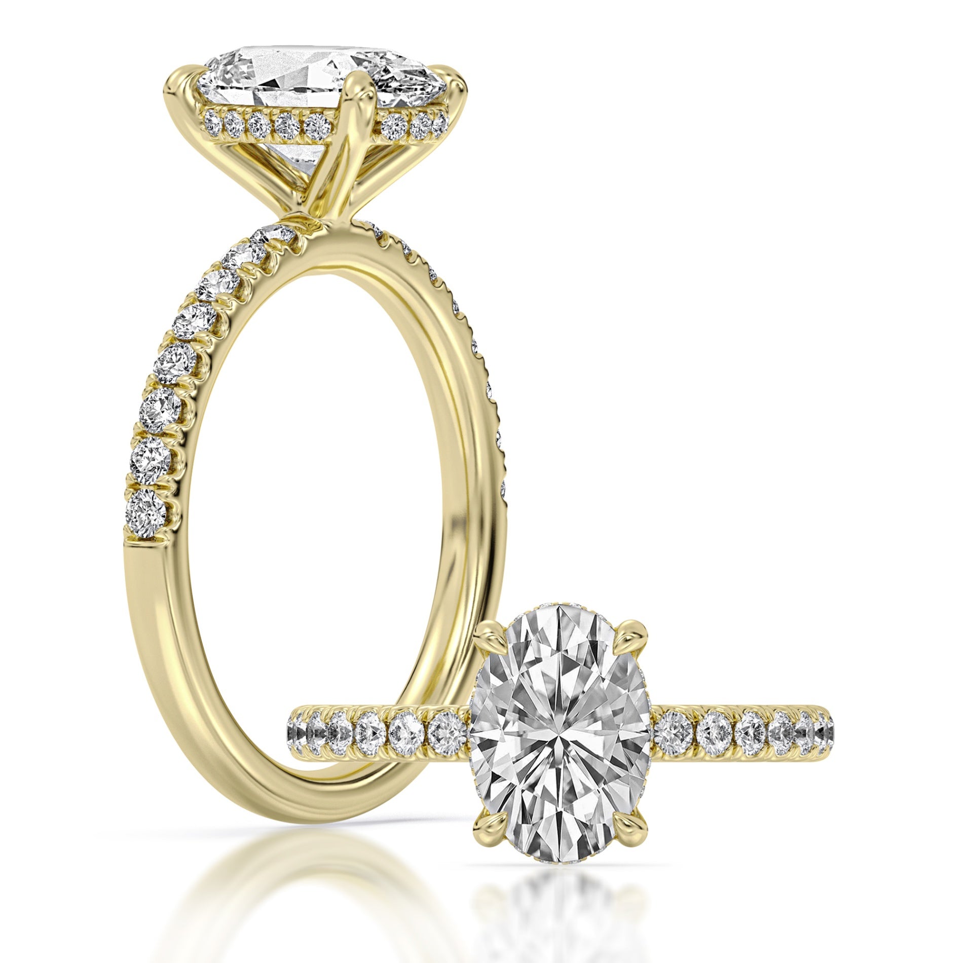 14K Yellow Gold 100-Facet Oval Diamond Engagement Ring with Hidden Halo and Diamond Accents