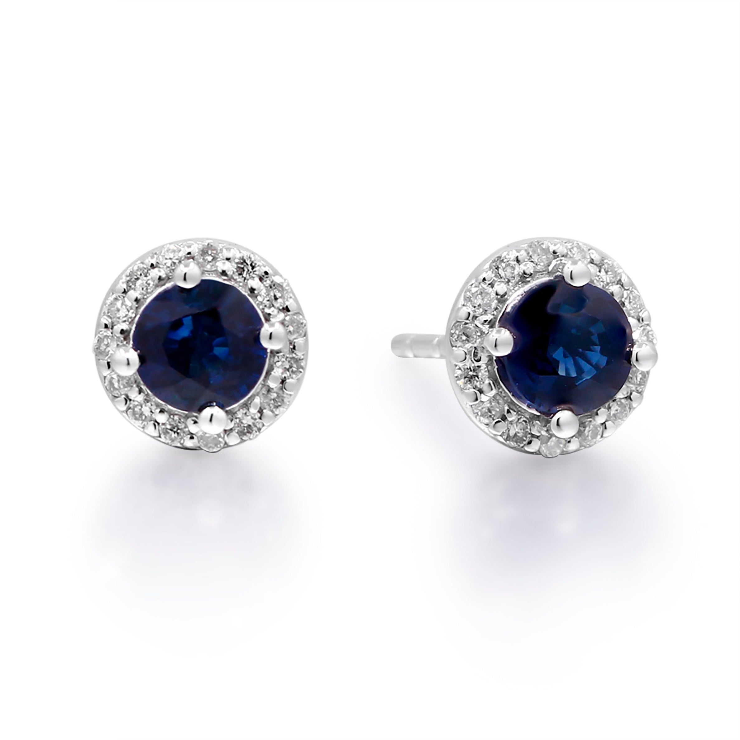 10K White Gold Sapphire and Diamond Round Halo Stud Earrings
