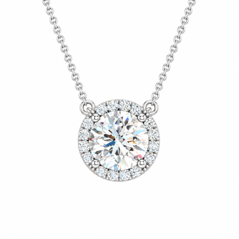 14K White Gold Diamond Pendant with Halo