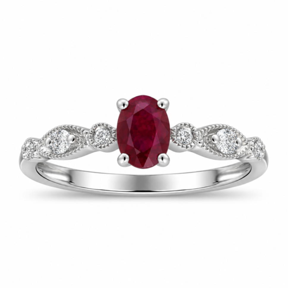 10K White Gold Oval Ruby & Diamond Ring