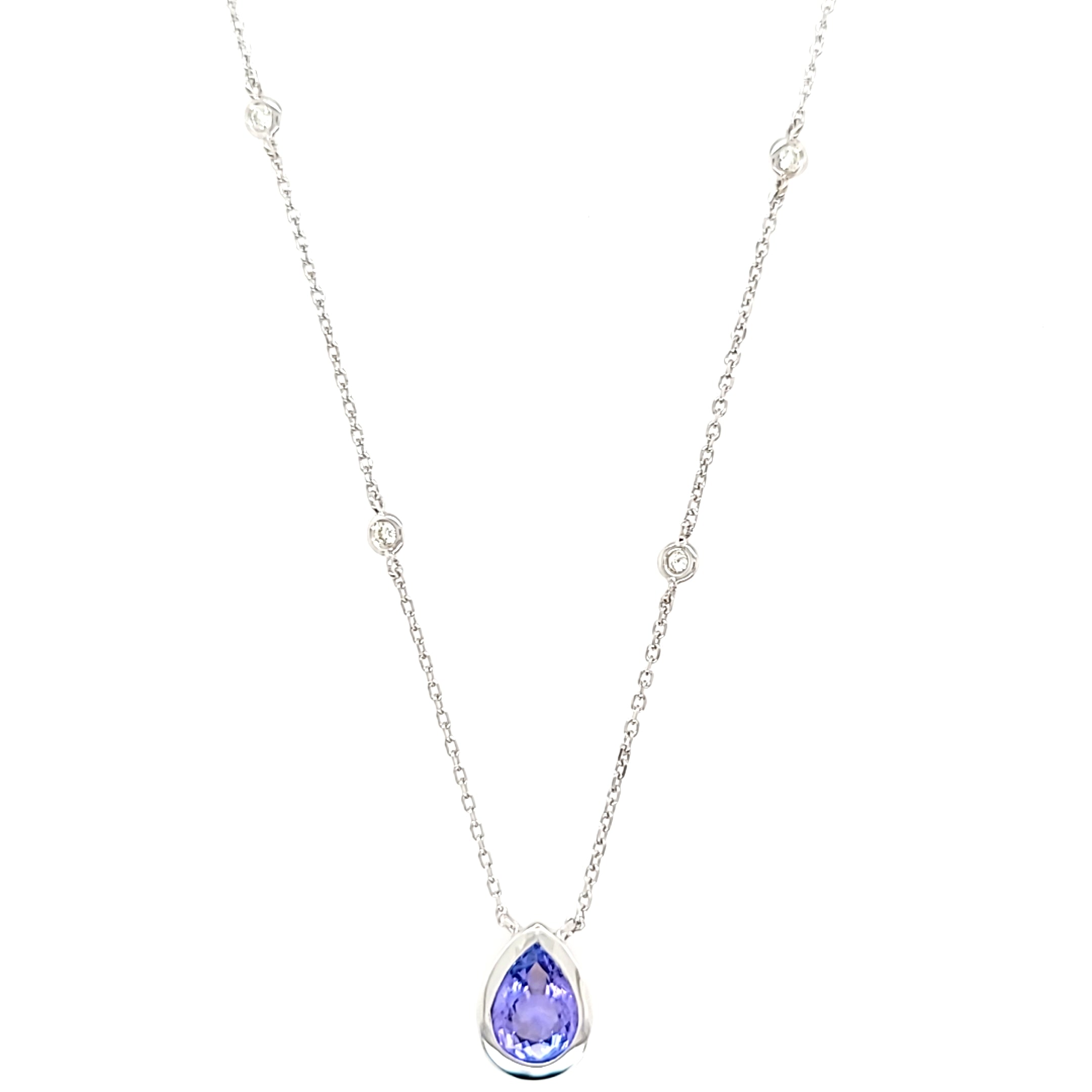 14K White Gold PS Bezel Set Tanzanite Pendant With Diamond Station Accents