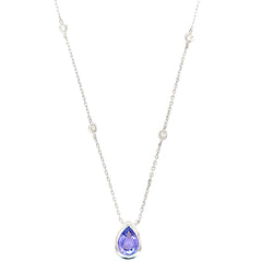 14K White Gold PS Bezel Set Tanzanite Pendant With Diamond Station Accents