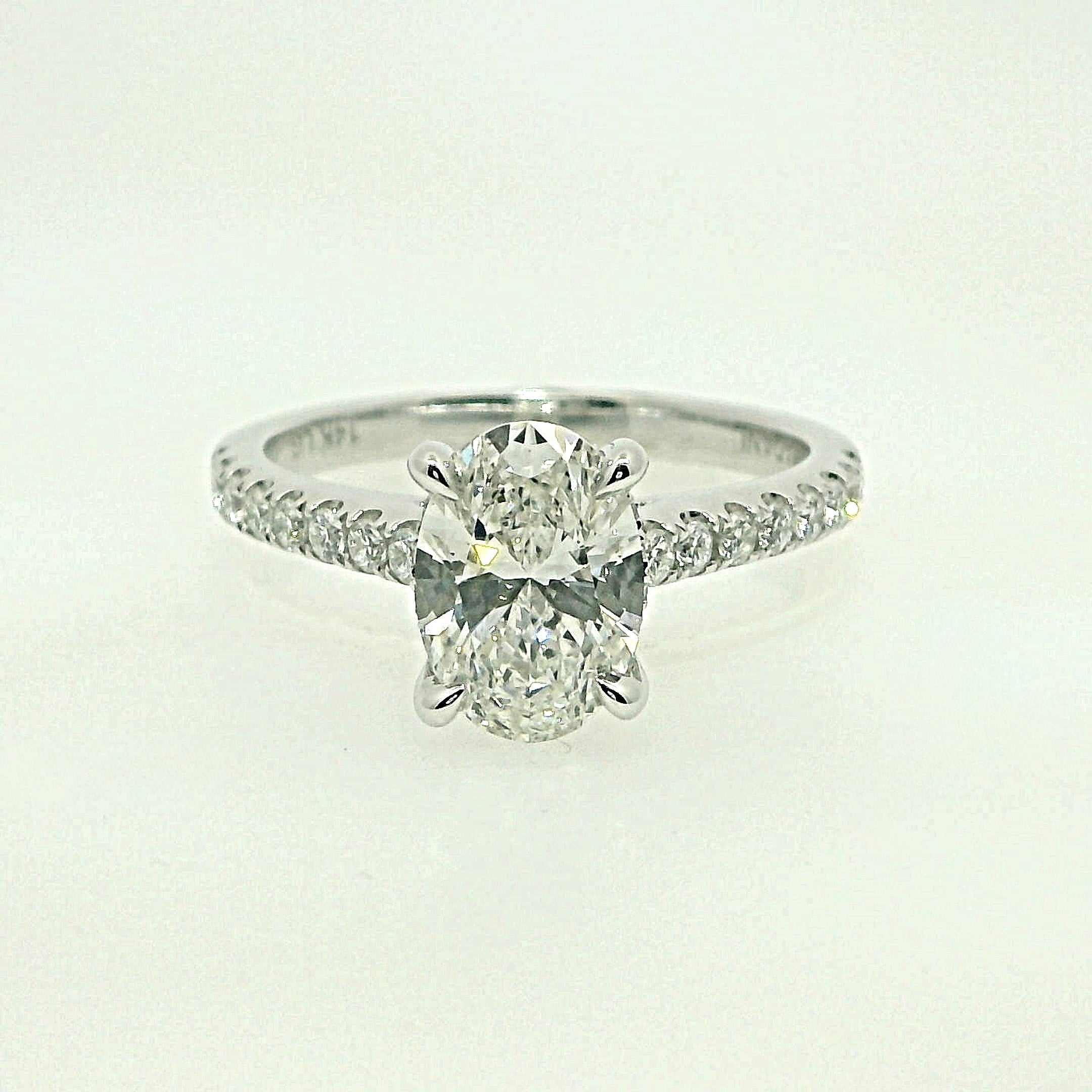 14K White Gold Oval Lab Grown Diamond Engagement Ring With Hidden Halo and Diamond Accents