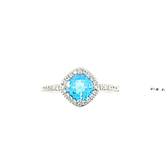 14K White Gold Blue Topaz and Diamond Halo Ring