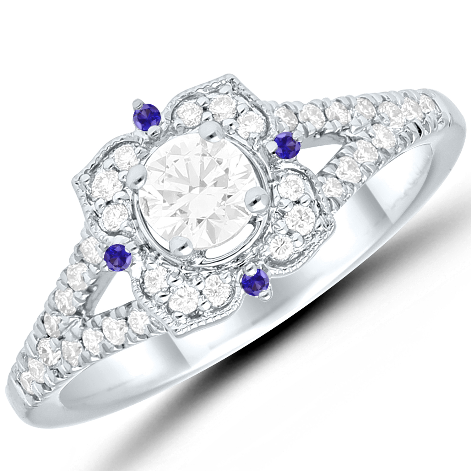 14Kw 5/8Cttw Diamond Engagement Ring With Sapphire Accents 1Rb=.33Ct  H/I I1/I2