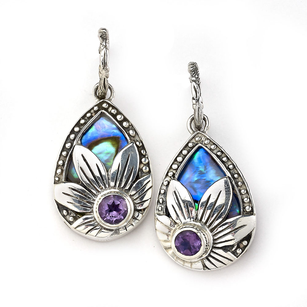 Ss "Makana" Abalone Earrings With Flower Accent & Amethyst