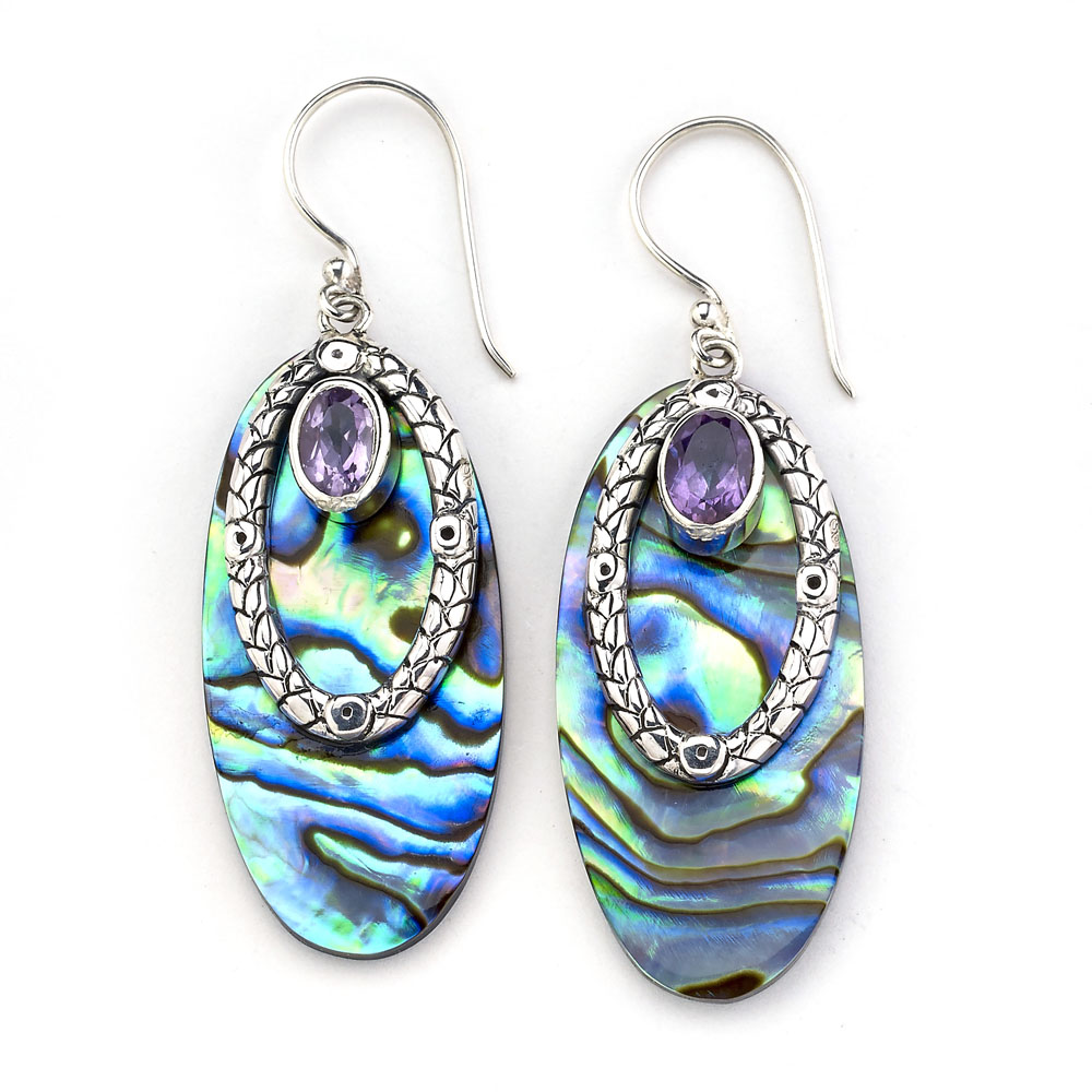 Ss Oval Abalone Earrings W/Amethyst Accent