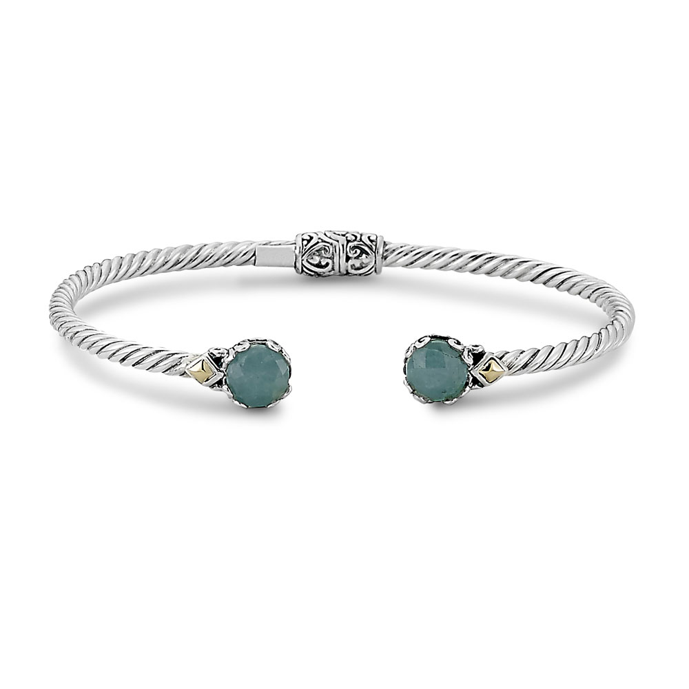 Glow Bangle - Ss/18K 7Mm Round Aquamarine Twisted Cable Bangle In 3Mm