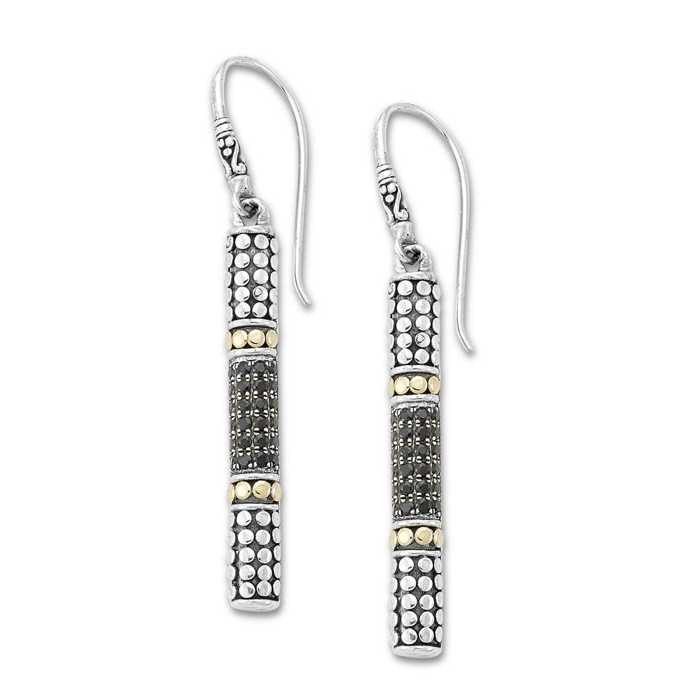 Ss/18K Bar Drop Earrings W/Pave Black Spinel