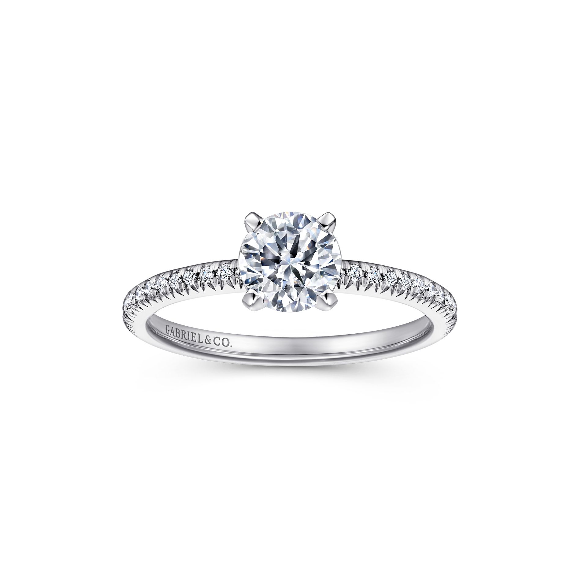-14kw .16cttw Dia Eng Ring Mounting    Romantic and feminine engagement ring. It has a vibrantly crafted band to showcase the elegance of the round center stone.