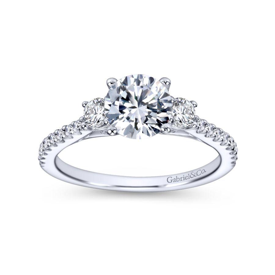 -14Kw .44Cttw Shared Prong Eng Ring Mounting W/Peek A Boo Dia Gallery    Gabriel & Co. fabulous three-stone engagement ring has graceful diamonds in the gallery that link to a docile encrusted upper shank. Purchase your dream ring.