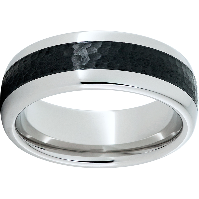 8Mm Serinium® Domed Band with Black Ceramic Inlay and Hammered Center Finish Size 10.5