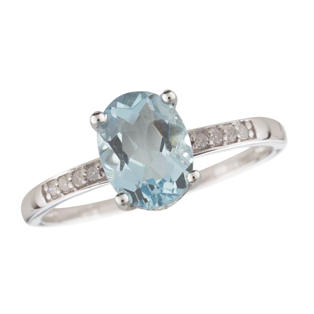 14Kw 8X6mm Oval Aquamarine Ring W/ Diamond