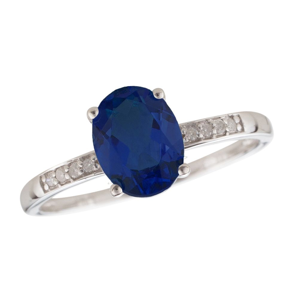 14Kw 7X5mm Oval Blue Sapphire Ring W/Diamond Accents